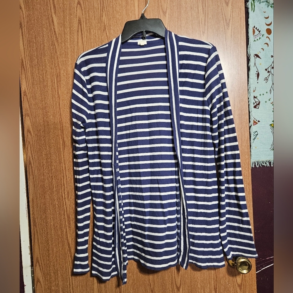 J. Crew Navy And White Striped Open Cardigan Sweater Super Lightweight Sz Medium
